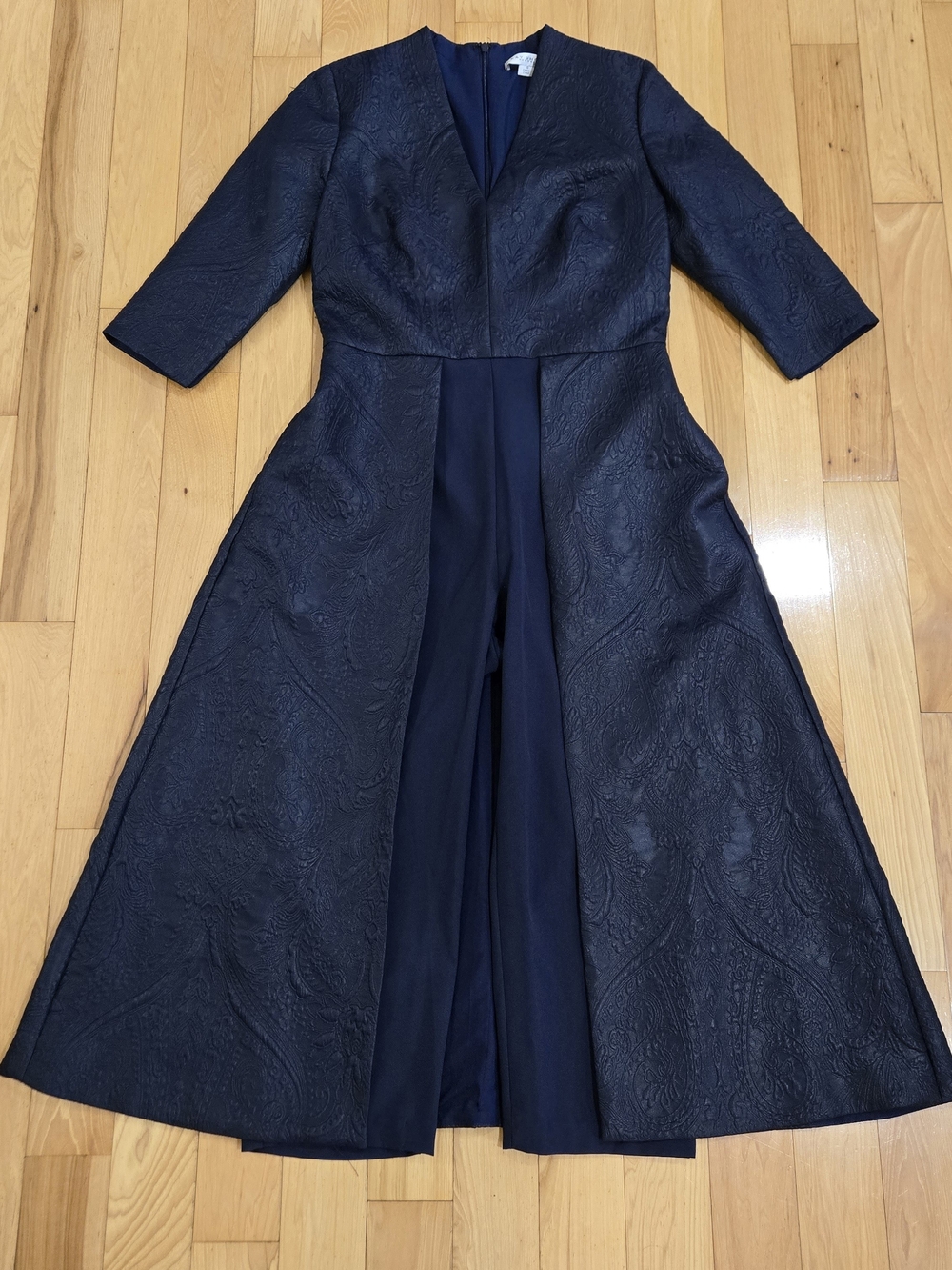 Kay Unger Rhodes Walk Thru Jumpsuit Navy Blue Jacquard